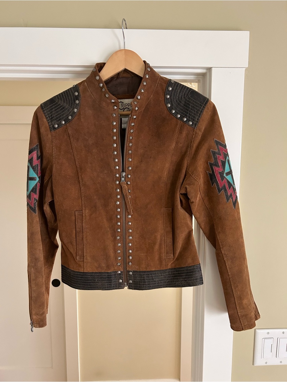 Women's Brown Suede Studded Southwest-Trim Leather Jacket
